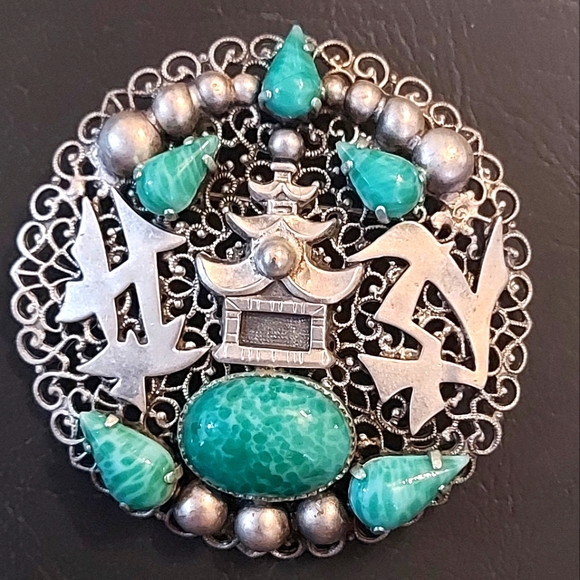 Filigree Peking Mottled Glass Stone Brooch, Max Neiger, Egyptian Revival - Picture 3 of 6